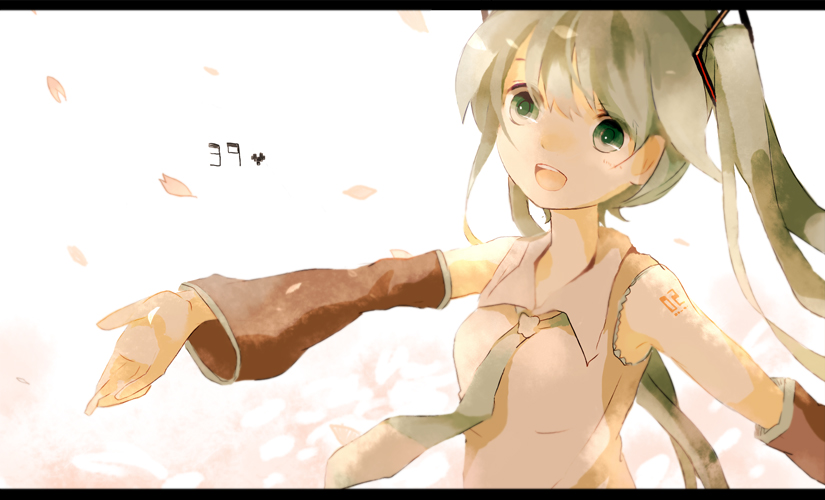 mikanniro, hatsune miku, vocaloid, bad id, bad pixiv id, 1girl, detached sleeves, female focus, gradient background, green eyes, green hair, letterboxed, long hair, matching hair/eyes, necktie, petals, smile, solo, twintails, white background