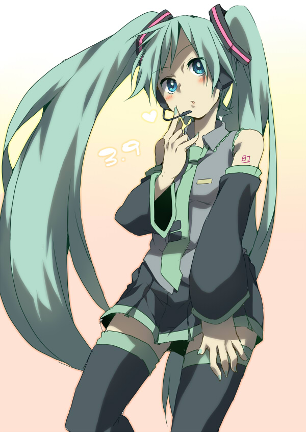 purasu no konbu, hatsune miku, vocaloid, 1girl, aqua hair, blue eyes, blush, detached sleeves, female focus, gradient background, headphones, headset, long hair, skirt, solo, thighhighs, twintails, very long hair, zettai ryouiki