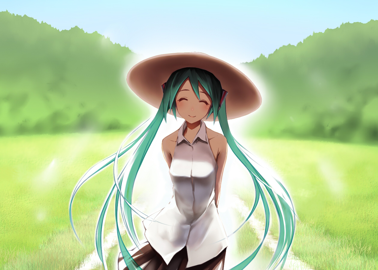 hide e, imada hidehito, hatsune miku, vocaloid, 1girl, aqua hair, arms behind back, bare shoulders, blurry, closed eyes, female focus, hat, long hair, nature, skirt, smile, solo, twintails, very long hair