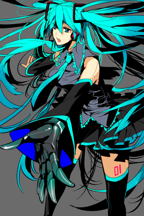 ro-a, hatsune miku, vocaloid, bad id, bad pixiv id, 1girl, android, aqua eyes, aqua hair, detached sleeves, female focus, headphones, long hair, necktie, simple background, skirt, solo, thighhighs, twintails, very long hair, zettai ryouiki
