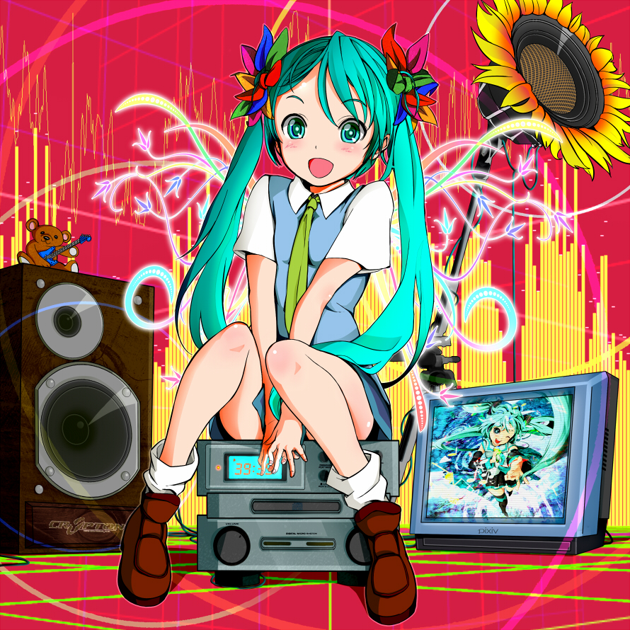 reri, hatsune miku, vocaloid, bad id, bad pixiv id, 1girl, aqua eyes, aqua hair, blush, female focus, flower, full body, hair flower, hair ornament, legs, long hair, necktie, shoes, sitting, skirt, smile, solo, speaker, sunflower, television, twintails