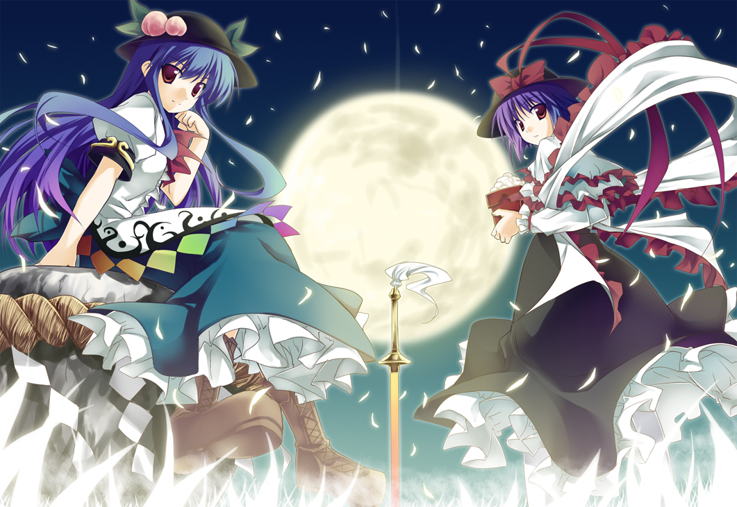 minase, hinanawi tenshi, nagae iku, touhou, 2girls, blue hair, boots, dress, female focus, food, fruit, hat, hat ribbon, kaname-ishi, mochi, moon, multiple girls, peach, purple hair, red eyes, ribbon, rope, shimenawa, sword, sword of hisou, wagashi, weapon
