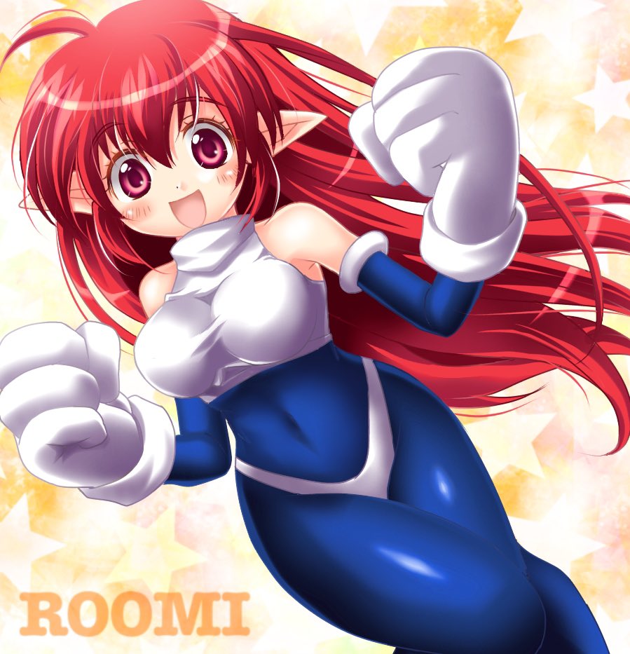 yukiyo kato, roomi, galaxy fight, commentary request, 1girl, black bodysuit, black sleeves, bodysuit, breasts, character name, covered navel, crop top, detached sleeves, dutch angle, feet out of frame, fewer digits, gloves, halter shirt, halterneck, hands up, impossible clothes, impossible shirt, large breasts, long hair, panties, pointy ears, red eyes, red hair, shirt, sleeveless, sleeveless bodysuit, sleeveless shirt, solo, standing, star (symbol), star symbol background, taut clothes, taut shirt, underwear, very long hair, white gloves, white panties, white shirt