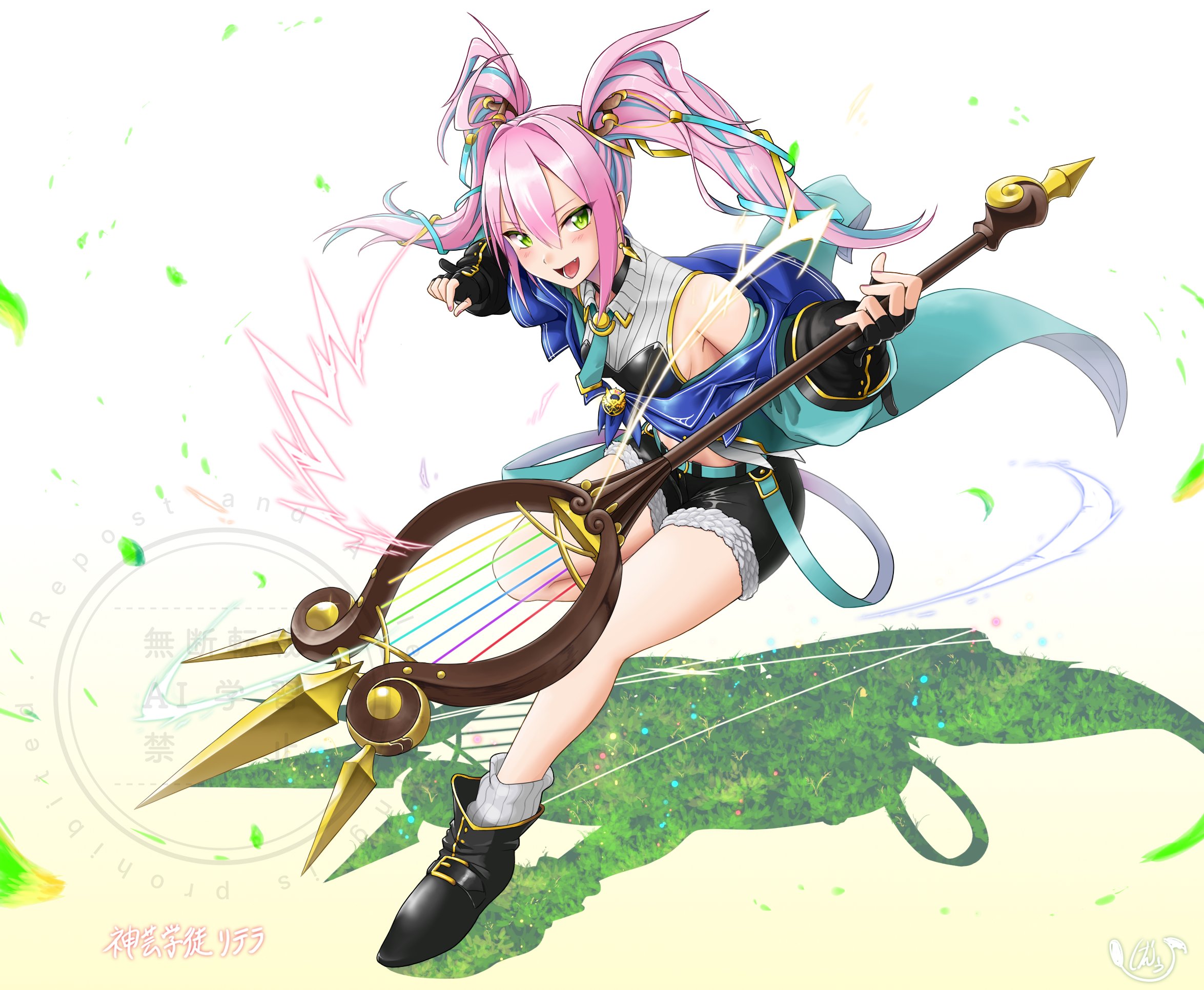 hikaru49831115, artmage litera, yu-gi-oh!, commentary request, highres, 1girl, bare shoulders, black boots, black shoes, blue jacket, boots, breasts, duel monster, full body, grass, holding, holding instrument, instrument, jacket, long hair, music, off shoulder, pink hair, playing instrument, shadow, shirt, shoes, shorts, solo, standing, standing on one leg, twintails, white background, white shirt