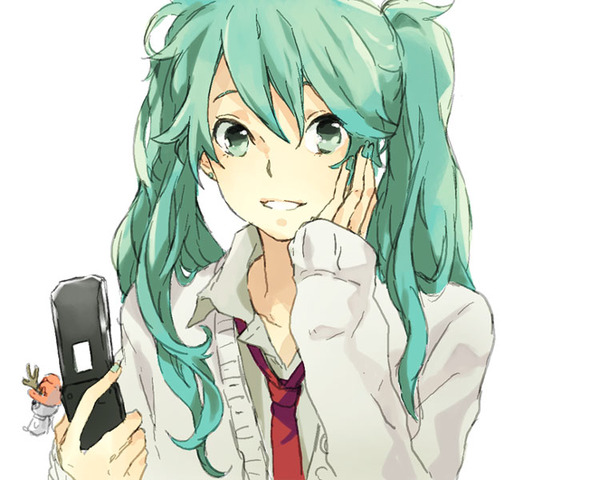 eikam, hatsune miku, tony tony chopper, one piece, vocaloid, bad id, bad pixiv id, 1girl, alternate costume, aqua eyes, aqua hair, cameo, cellphone, female focus, hand on own face, long hair, necktie, phone, portrait, school uniform, smile, solo, sweater, twintails, upper body