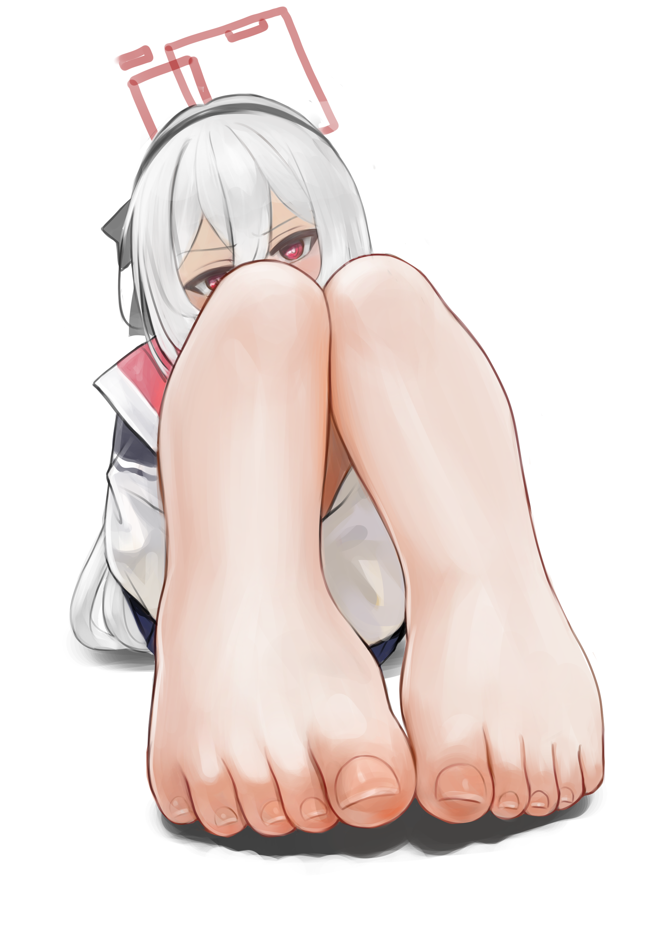 dokomon, kei (blue archive), kei (new body) (blue archive), blue archive, absurdres, commentary, highres, 1girl, barefoot, feet, foot focus, foreshortening, halo, rectangular halo, red eyes, red halo, simple background, solo, toes, white background, white hair