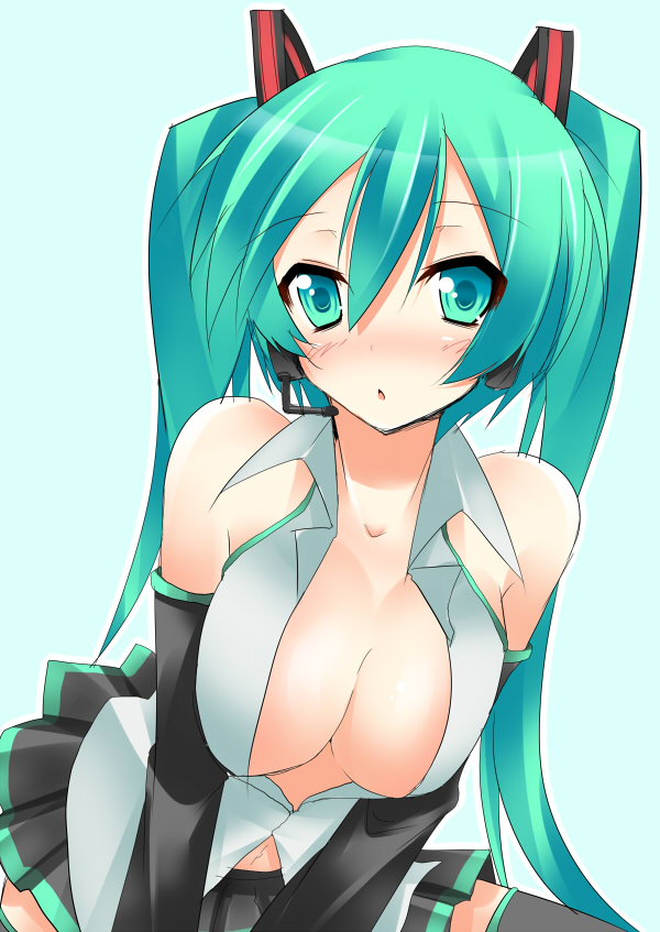 nana (732 kaiten), hatsune miku, vocaloid, bad id, bad pixiv id, 1girl, aqua eyes, aqua hair, blush, breasts, detached sleeves, female focus, headphones, headset, large breasts, long hair, skirt, solo, twintails