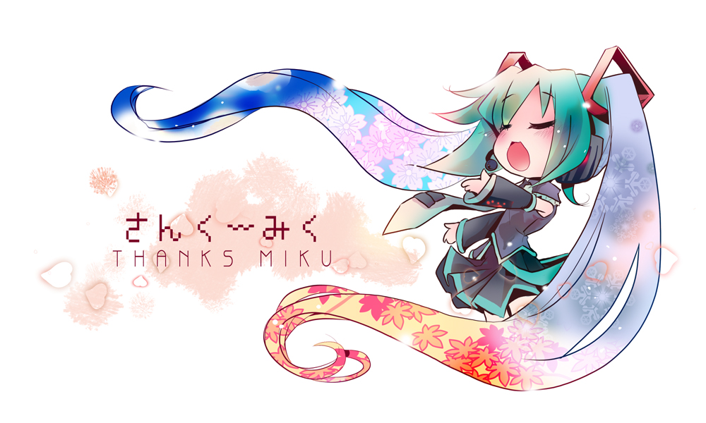 usoneko, hatsune miku, vocaloid, bad id, bad pixiv id, 1girl, aqua hair, chibi, female focus, flower, headphones, headset, long hair, music, open mouth, petals, singing, solo, twintails, very long hair, white background