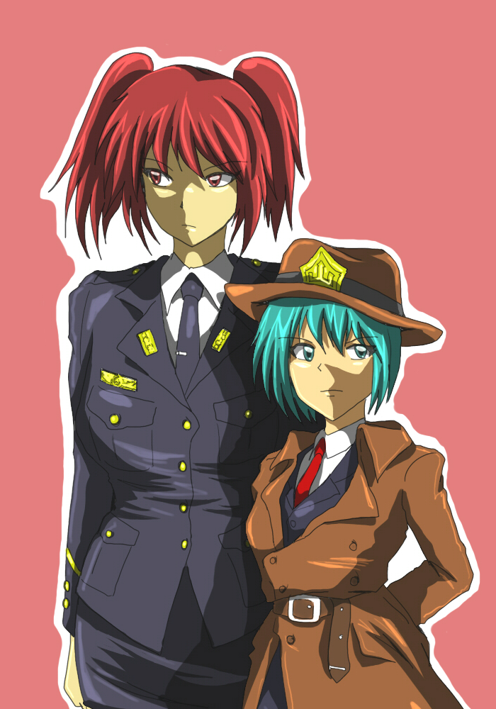 junkei, onozuka komachi, shiki eiki, touhou, bad id, bad pixiv id, 2girls, breasts, coat, female focus, green eyes, green hair, hat, large breasts, multiple girls, necktie, police, police uniform, red eyes, red hair, trench coat