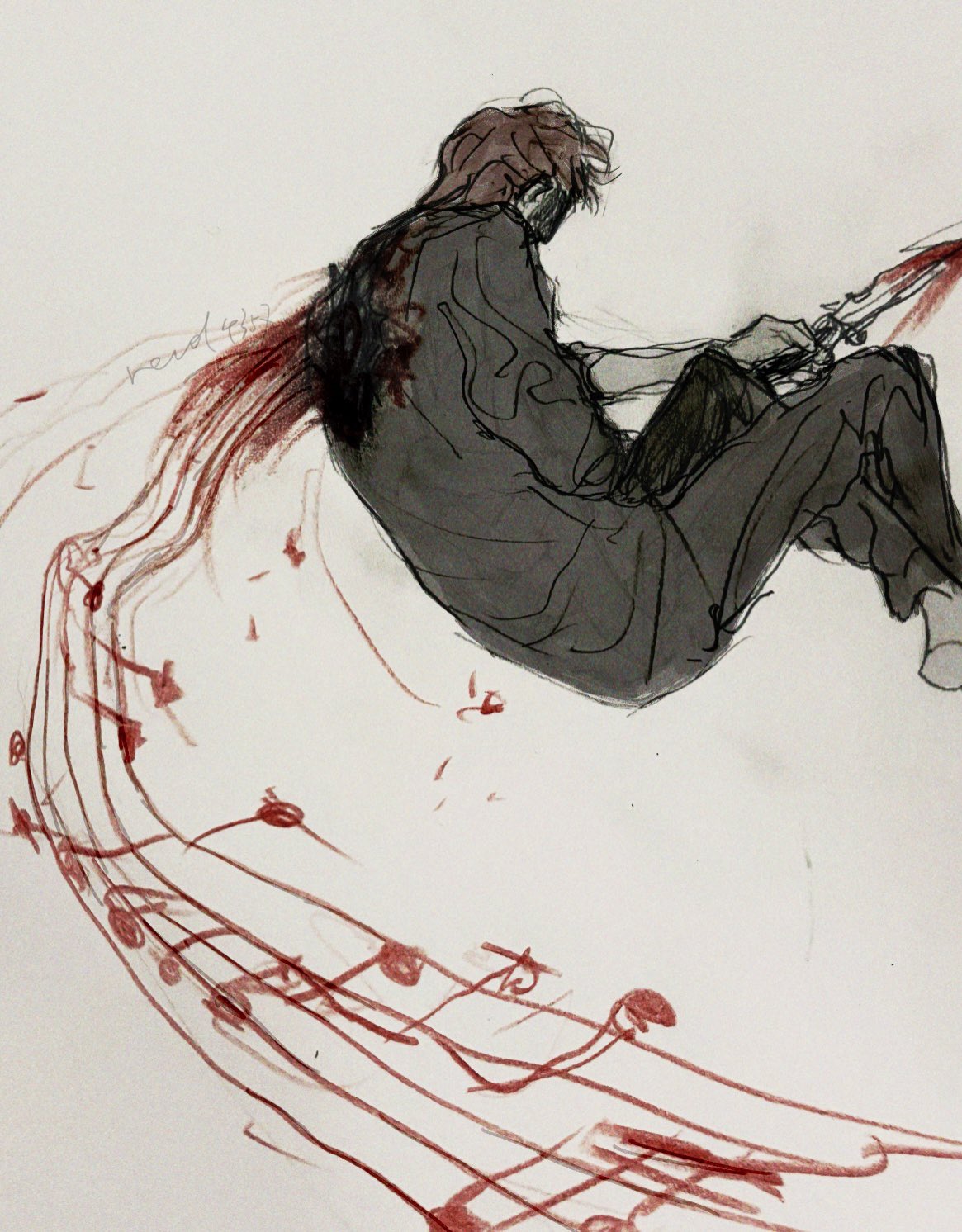 revol4357, original, highres, 1boy, barefoot, black coat, bleeding, blood, brown hair, coat, crossed ankles, curled up, dagger, full body, holding, holding dagger, holding knife, holding weapon, hole in chest, hole on body, knees up, knife, male focus, musical note, musical staff, self-harm, short hair, solo, weapon