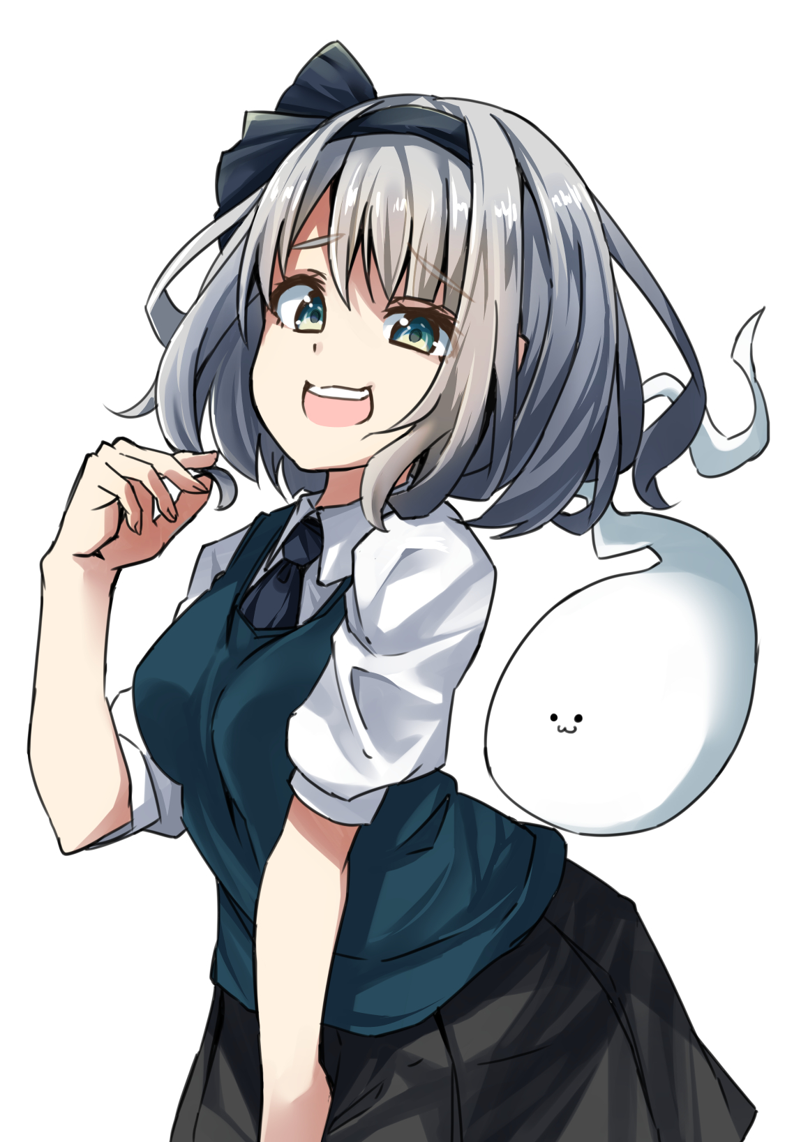 pegashi, konpaku youmu, konpaku youmu (ghost), touhou, commentary request, highres, 1girl, arched back, black hairband, black necktie, black skirt, bow hairband, breasts, collared shirt, cowboy shot, fingernails, from side, green vest, grey hair, hairband, hitodama, looking at viewer, medium breasts, miniskirt, necktie, pleated skirt, raised eyebrow, shirt, short hair, simple background, skirt, smug, solo, teeth, upper teeth only, vest, white background, white shirt, wispy bangs