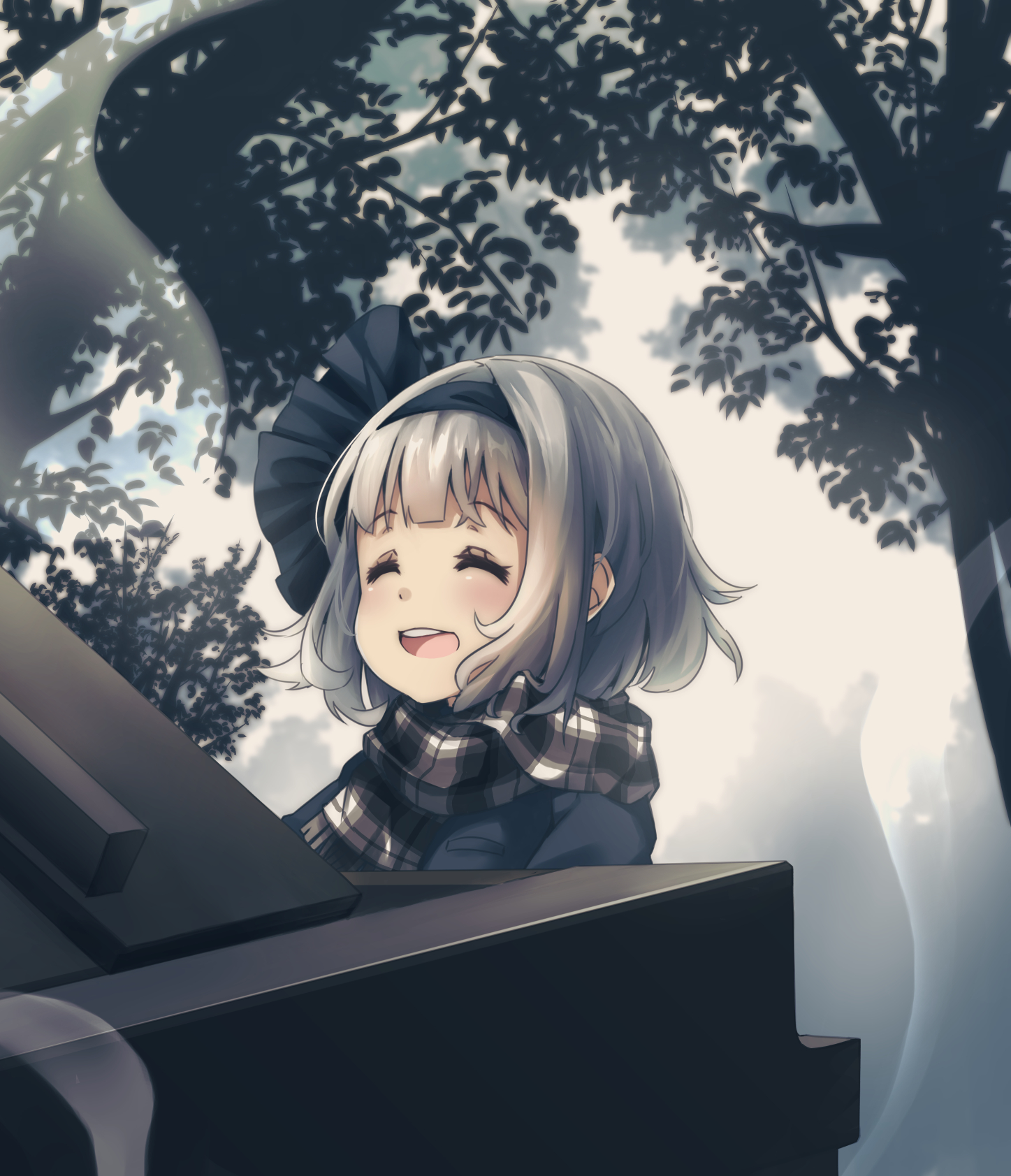 pegashi, konpaku youmu, touhou, commentary request, highres, 1girl, :d, alternate costume, black coat, black hairband, bow hairband, closed eyes, coat, eyelashes, forest, grey hair, hairband, instrument, music, nature, open mouth, outdoors, piano, plaid clothes, plaid scarf, playing instrument, playing piano, scarf, short hair, smile, solo, teeth, upper body, upper teeth only