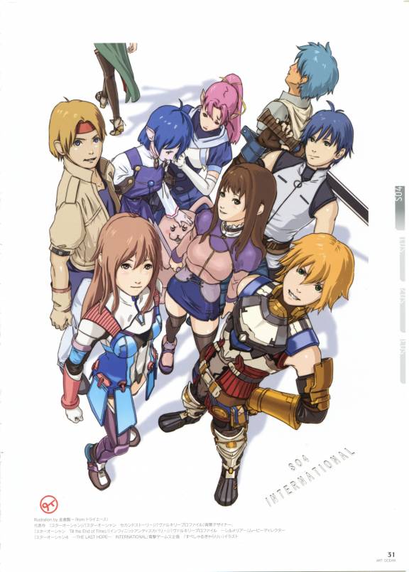 enami katsumi, claude c. kenny, edge maverick, fayt leingod, rena lanford, roddick farrence, saionji reimi, sophia esteed, star ocean, star ocean: first departure, star ocean: the last hope, star ocean: the second story, star ocean: till the end of time, star ocean the last hope international, artbook, official art, 4boys, 4girls, :3, armor, bandana, blonde hair, blue hair, boots, breasts, brown hair, crossover, formal clothes, happy, jewelry, multiple boys, multiple girls, pendant, pink hair, pointy ears, rabbit, smile, sword, time paradox, weapon, worried