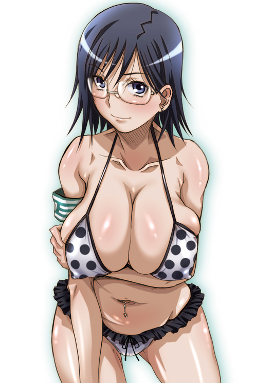 hirokawa kouichirou, konori mii, toaru kagaku no railgun, toaru majutsu no index, 1girl, alternate breast size (larger), armband, bikini, black hair, blue eyes, breasts, covered erect nipples, female focus, glasses, green armband, huge breasts, judgment (toaru), navel, navel piercing, piercing, polka dot, short hair, solo, swimsuit