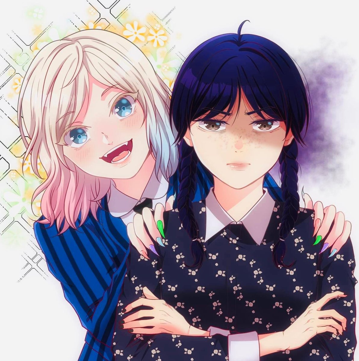 enjelicious, enid sinclair, wednesday addams, the addams family, wednesday (netflix), commentary, english commentary, highres, 2girls, :d, black nails, blonde hair, blue eyes, blue hair, braid, closed mouth, colored eyelashes, colored tips, crossed arms, fangs, fingernails, freckles, gradient hair, hands on another's shoulders, multicolored hair, multicolored nails, multiple girls, nail polish, open mouth, pink lips, sharp fingernails, short hair, smile, twin braids, white eyelashes