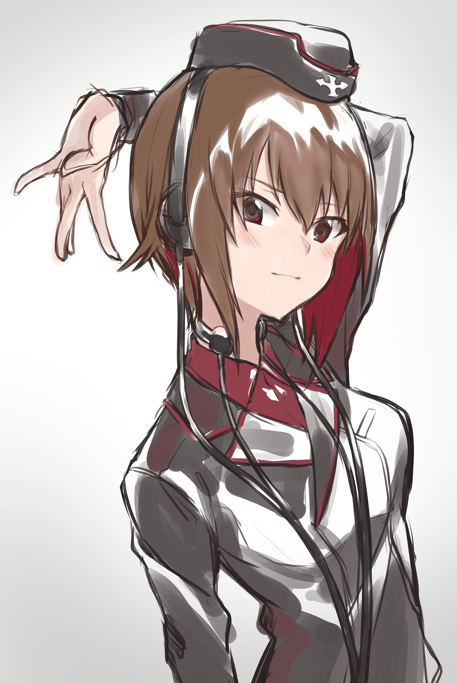 mamu t7s, nishizumi maho, girls und panzer, bad id, bad twitter id, commentary request, highres, 1girl, arm behind head, black hat, black jacket, blush, brown eyes, brown hair, closed mouth, dress shirt, garrison cap, grey background, hat, headphones, insignia, jacket, kuromorimine military uniform, long sleeves, looking at viewer, military, military hat, military uniform, red shirt, shirt, short hair, sketch, smile, solo, throat microphone, upper body, wing collar