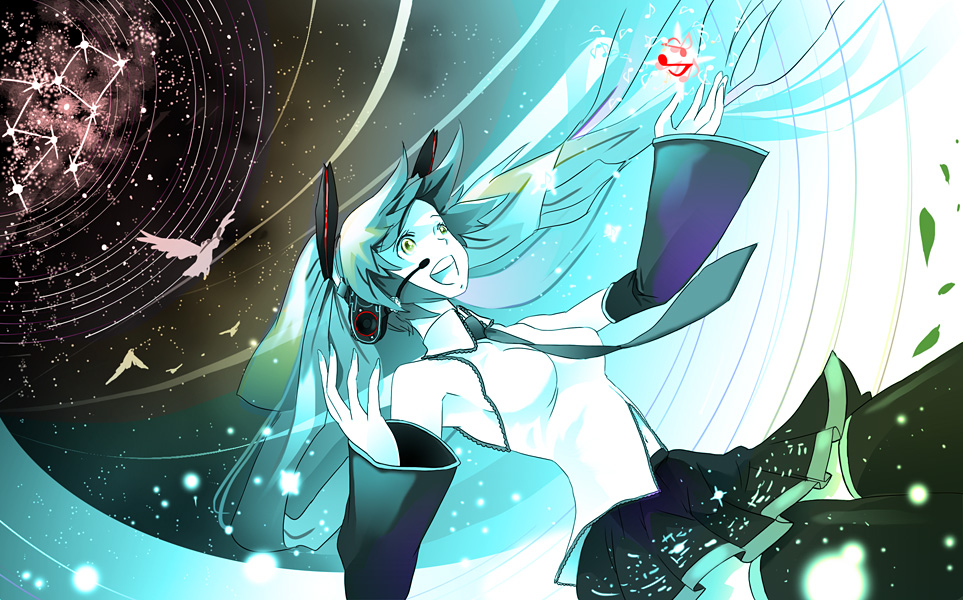 kanipanda, hatsune miku, vocaloid, bad id, bad pixiv id, 1girl, bird, black thighhighs, breasts, constellation, detached sleeves, female focus, green eyes, green hair, headphones, long hair, matching hair/eyes, medium breasts, musical note, pleated skirt, skirt, solo, star (symbol), thighhighs, twintails, zettai ryouiki