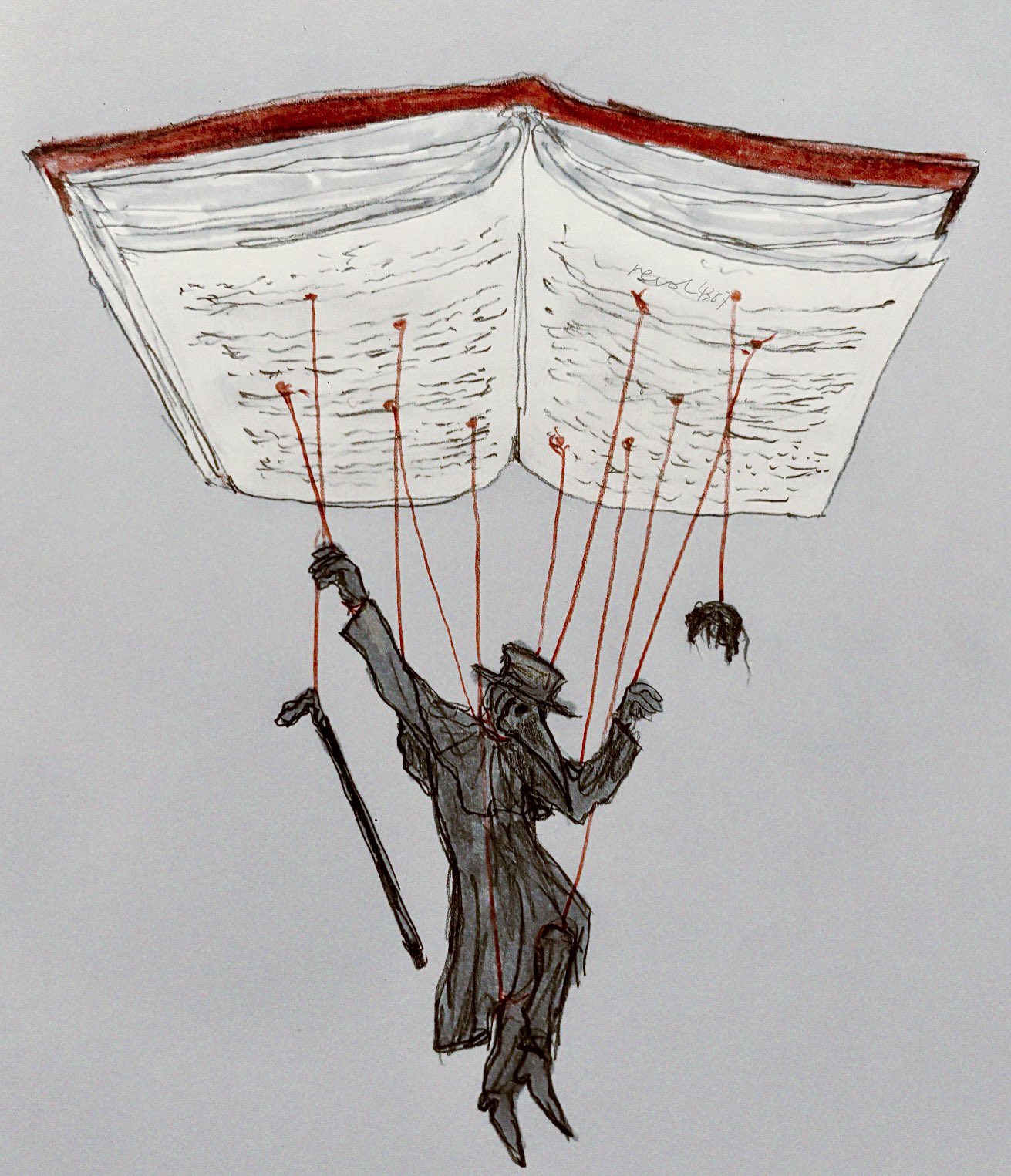 revol4357, original, highres, 1other, ambiguous gender, black capelet, black robe, book, bound, cane, capelet, full body, hands up, hat, mini person, mouse (animal), open book, other focus, plague doctor, plague doctor mask, puppet strings, robe, solo