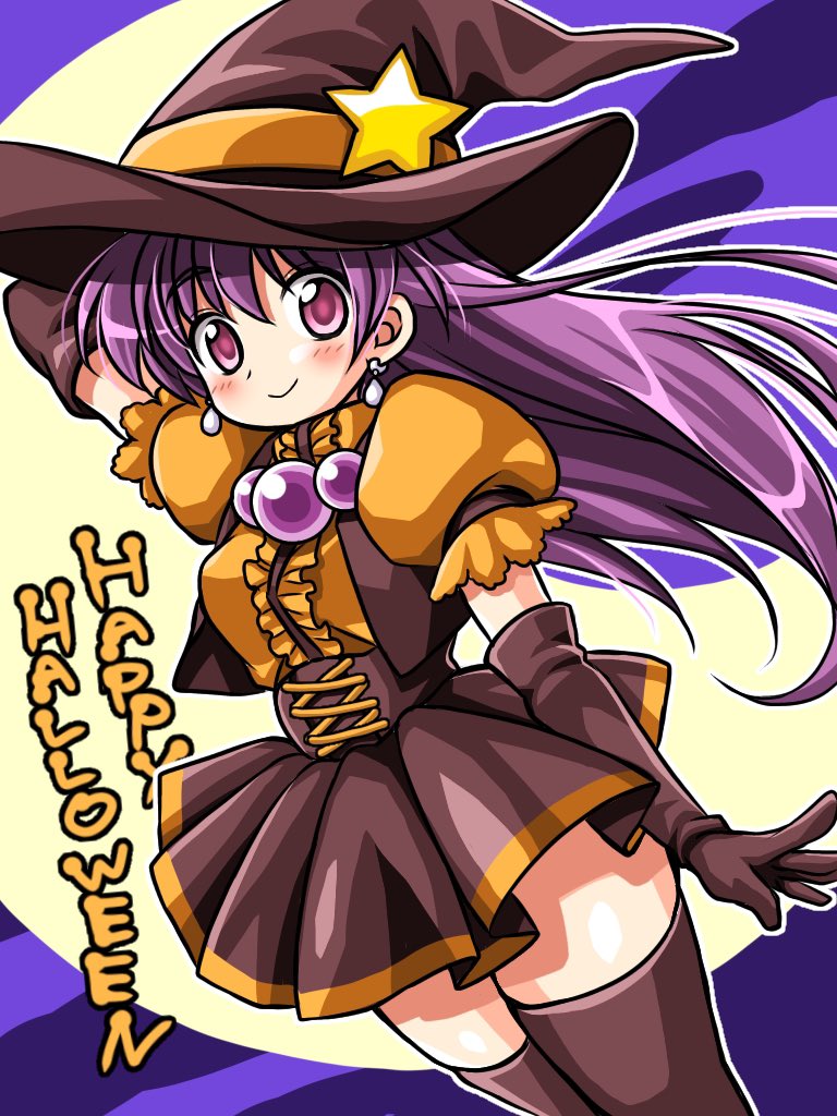 yukiyo kato, asamiya athena, the king of fighters, commentary request, 1girl, arm behind head, arm up, black corset, black hat, black skirt, black thighhighs, black vest, center frills, closed mouth, corset, cowboy shot, crescent moon, dutch angle, frills, halloween, halloween costume, happy halloween, hat, hat ornament, long hair, miniskirt, moon, night, open clothes, open vest, orange shirt, outdoors, puffy short sleeves, puffy sleeves, purple eyes, purple hair, purple sky, shirt, short sleeves, skirt, sky, smile, solo, standing, star (symbol), star hat ornament, thighhighs, very long hair, vest, witch hat