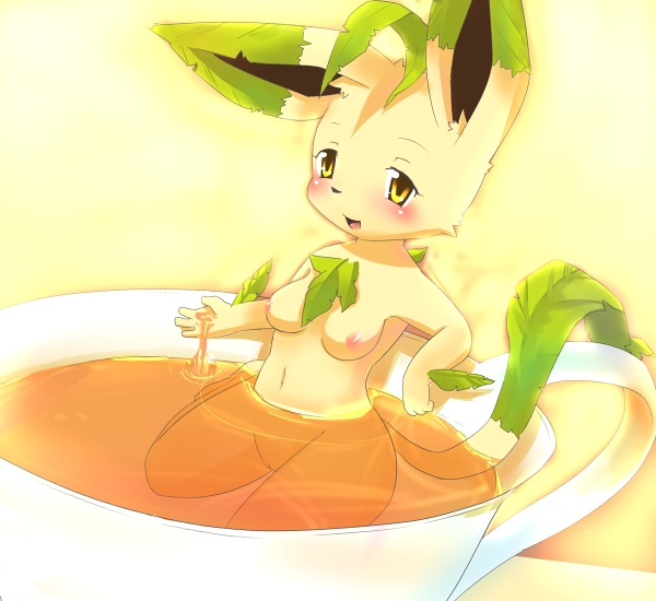 kagerofu, leafeon, nintendo, pokemon, 1girl, animal ears, animal hands, barefoot, bath, breasts, feet, female focus, furry, furry female, gen 4 pokemon, groin, nipples, nude, pokemon (creature), pussy, solo, tail