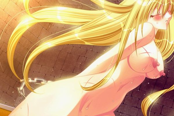yura (artist), rouge (company), utsukushihime ~mahou choukyou monogatari~, game cg, 1girl, arms behind back, bdsm, blonde hair, blush, bondage, bound, breasts, chain, chained, closed eyes, dungeon, indoors, long hair, navel, nipples, nude, parted lips, whip marks, wooden horse