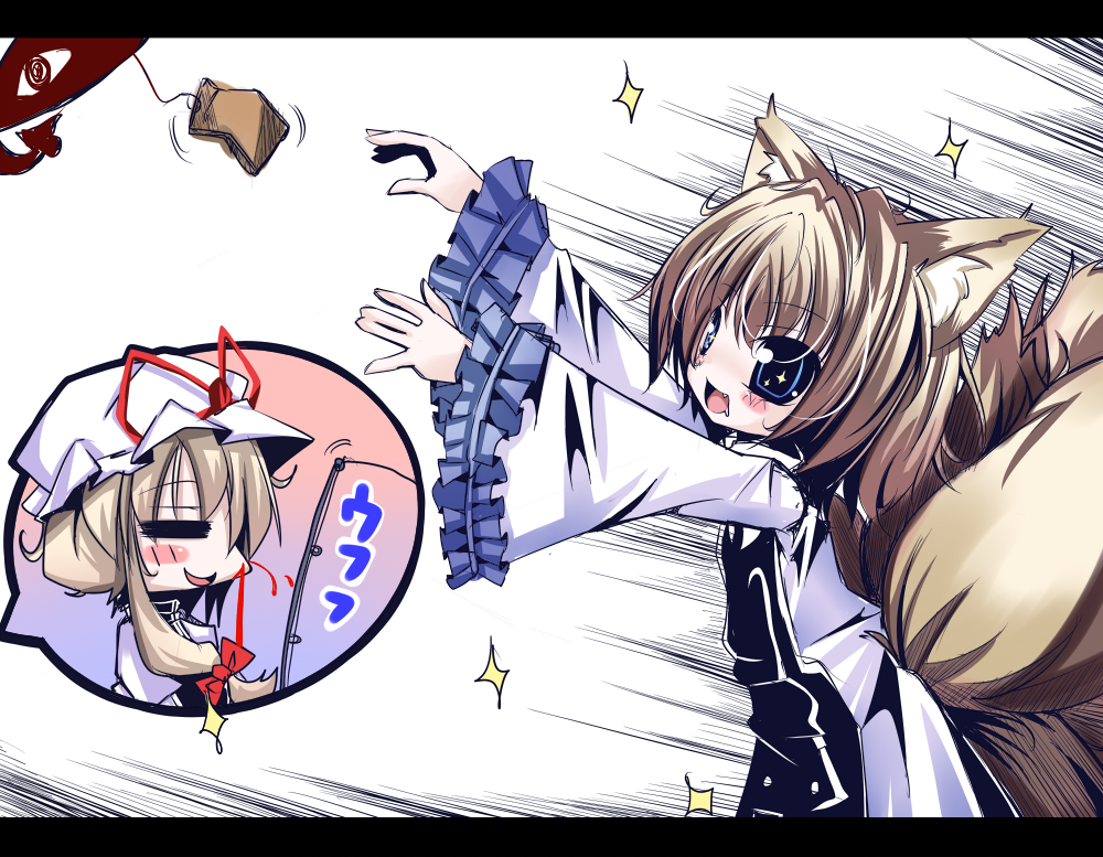 futase hijiri, sousera kiyoshi, yakumo ran, yakumo yukari, touhou, 2girls, aburaage, aged down, animal ears, blonde hair, blood, blue eyes, chasing, drooling, female focus, fishing rod, food, fox ears, fox tail, gap (touhou), multiple girls, nosebleed, short hair, sparkle, tail, tofu
