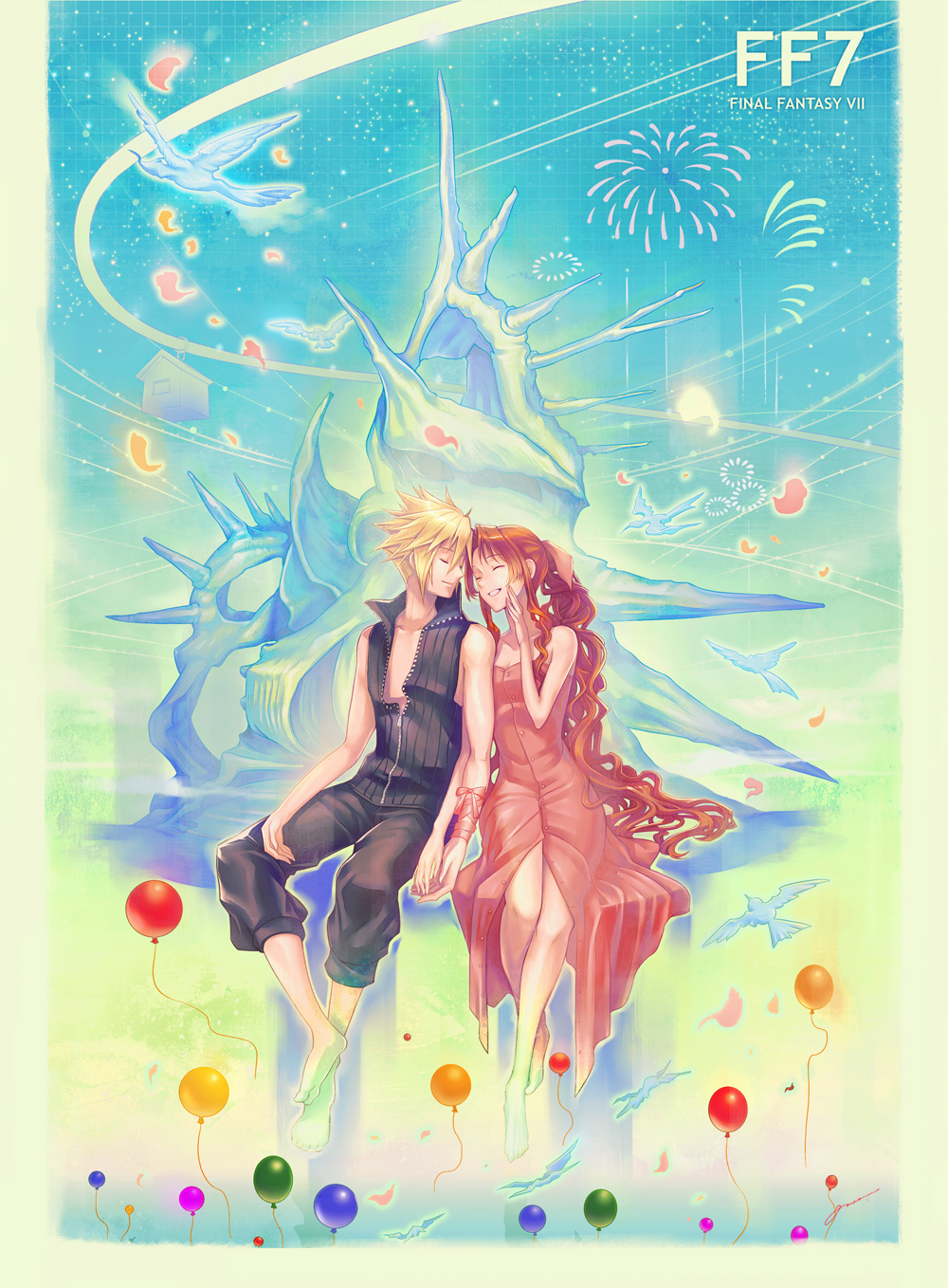 amao miyuki, amawo miyuki, aerith gainsborough, cloud strife, final fantasy, final fantasy vii, highres, 1990s (style), 1boy, 1girl, aerial fireworks, balloon, barefoot, bird, blonde hair, brown hair, closed eyes, copyright name, couple, dress, fireworks, forgotten city, hetero, long dress, long hair, petals, pink dress, retro artstyle, ribbon, spiked hair, very long hair