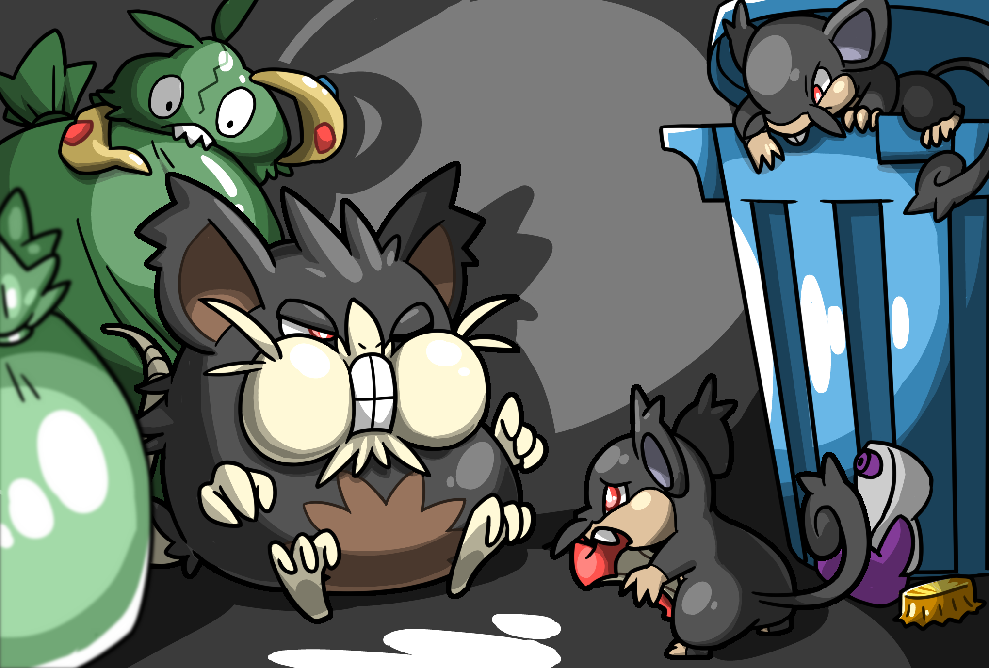 marlowe, alolan raticate, alolan rattata, trubbish, nintendo, pokemon, commentary request, highres, alolan form, apple, apple core, bottle cap, bright pupils, eating, food, fruit, gen 5 pokemon, gen 7 pokemon, gold bottle cap (pokemon), holding, in container, in trash can, leftovers (pokemon), no humans, one eye closed, pokemon (creature), pokemon focus, potion (pokemon), red eyes, shadow, sharp teeth, sitting, teeth, trash, trash bag, trash can, white pupils