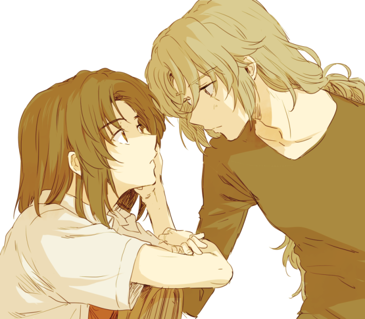 sawa2, makabe kazuki, minashiro soushi, soukyuu no fafner, commentary request, 2boys, black hair, black shirt, brown eyes, expressionless, eye contact, hand on another's face, long hair, looking at another, low ponytail, male focus, multiple boys, ponytail, scar, scar across eye, scar on face, shirt, short hair, simple background, white background, white shirt