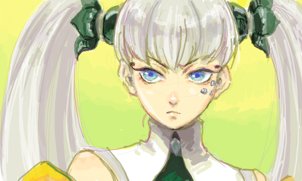 hagiya kaoru, tolone (xenogears), xenogears, bad drawr id, bad id, 1girl, blue eyes, closed mouth, frown, grey hair, long hair, screw, solo, twintails, upper body