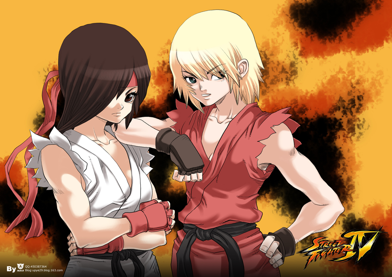 upye29, ken masters, ryu (street fighter), capcom, street fighter, 2girls, blonde hair, brown eyes, brown hair, fingerless gloves, genderswap, genderswap (mtf), gloves, green eyes, multiple girls