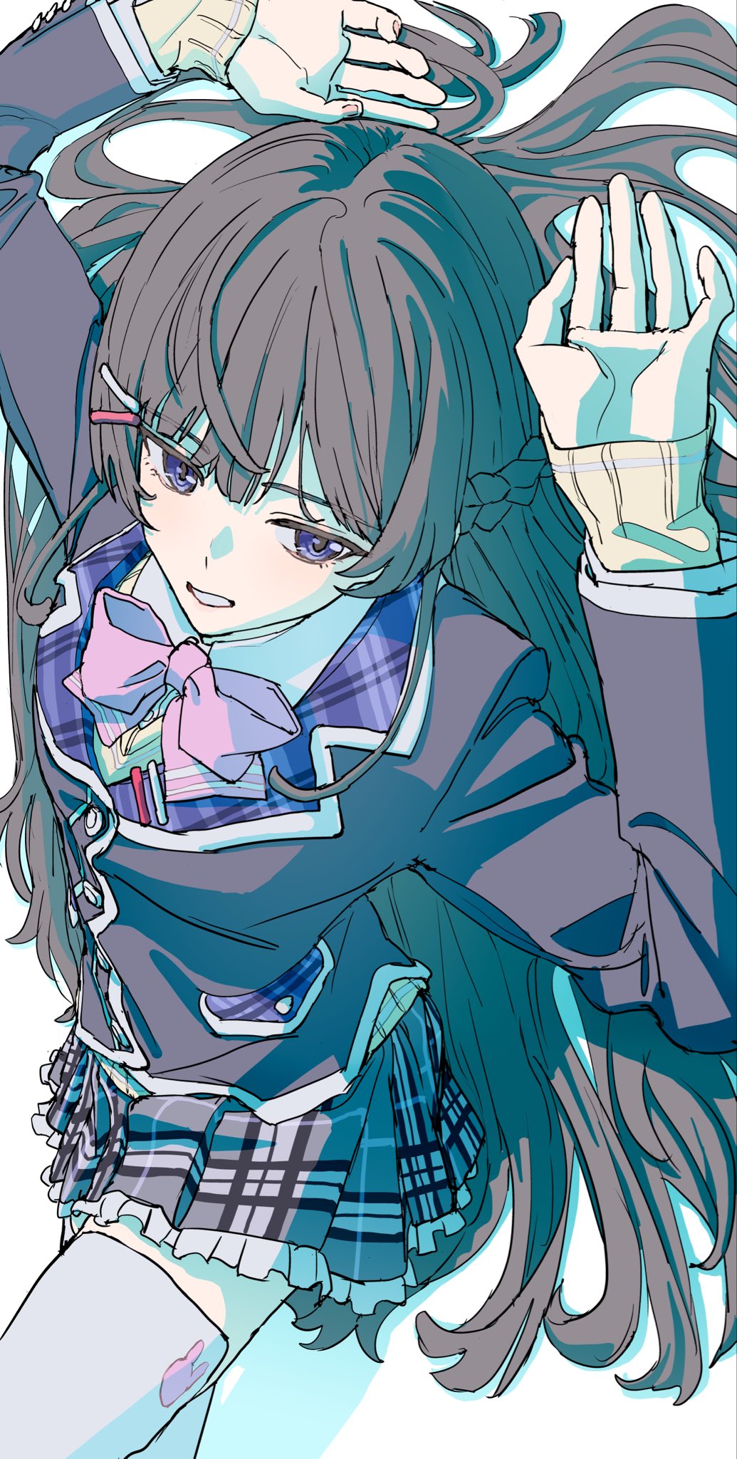 obihironn, tsukino mito, nijisanji, 1girl, black hair, long hair, school uniform, skirt, thighhighs, very long hair, virtual youtuber, white thighhighs