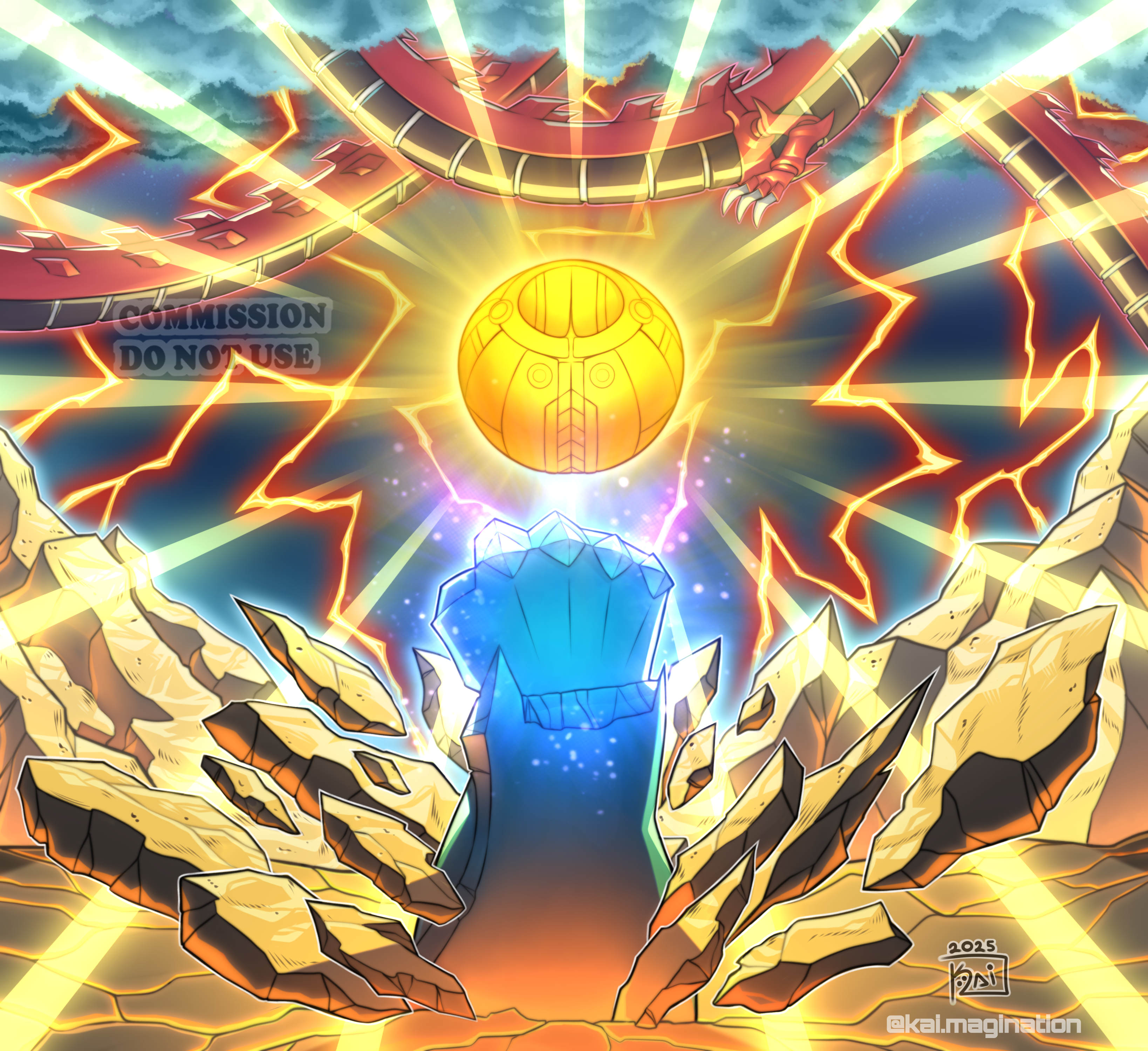 kai.magination, obelisk the tormentor, osiris the sky dragon, the winged dragon of ra, the winged dragon of ra – sphere mode, yu-gi-oh!, yu-gi-oh! duel monsters, absurdres, commentary, commentary request, english commentary, highres, mixed-language commentary, tagme, 2025, claws, clenched hand, cloud, dragon, duel monster, lightning, no humans, official style, outdoors, red scales, signature, spikes, twitter username, watermark