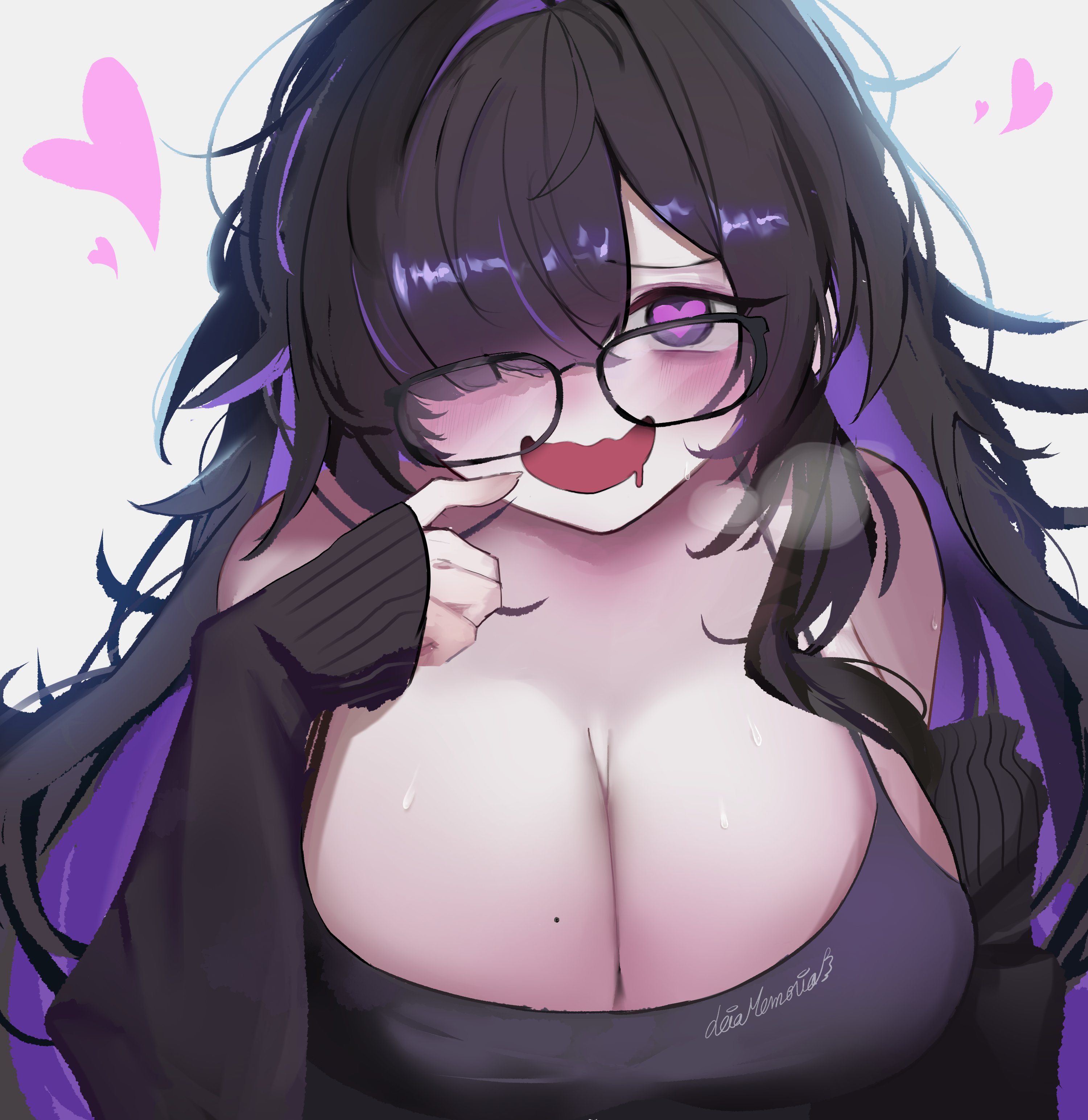 label (nikke), goddess of victory: nikke, absurdres, commentary, english commentary, highres, 1girl, black-framed eyewear, black dress, black hair, blush, breasts, breath, cleavage, colored inner hair, dress, drooling, glasses, hair over one eye, heart, heart-shaped pupils, large breasts, leiamemoria, long hair, looking at viewer, mojyo, mole, mole on breast, mouth drool, multicolored hair, open mouth, purple eyes, purple hair, purple streaks, smile, solo, steam, sweat, symbol-shaped pupils, two-tone hair, wavy mouth