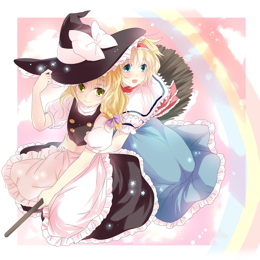 yatomi, alice margatroid, kirisame marisa, touhou, bad id, bad pixiv id, 2girls, blonde hair, blue eyes, braid, broom, female focus, hairband, hat, multiple girls, short hair, witch, witch hat, yellow eyes