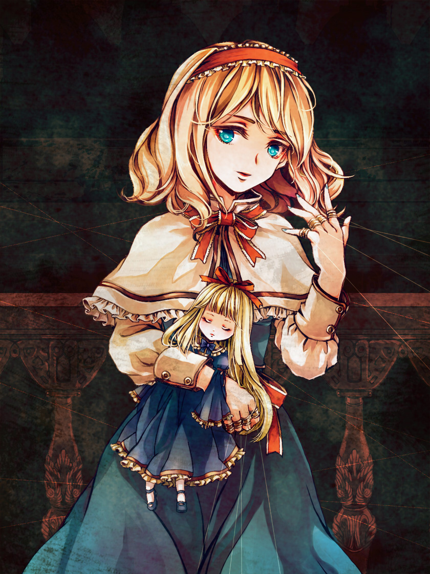 awa toka, alice margatroid, touhou, bad id, bad pixiv id, 1girl, blonde hair, blue eyes, doll, female focus, hairband, long hair, short hair, solo, string