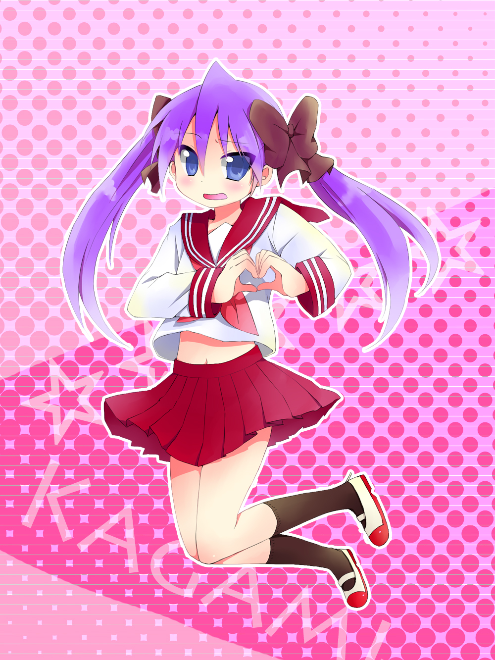 muta (munimuni), hiiragi kagami, lucky star, muta, highres, 00s, 1girl, black socks, blue eyes, blush, embarrassed, female focus, hair ribbon, heart, heart hands, long hair, midriff, navel, pleated skirt, purple hair, ribbon, school uniform, serafuku, shoes, skirt, socks, solo, tsurime, twintails, uwabaki