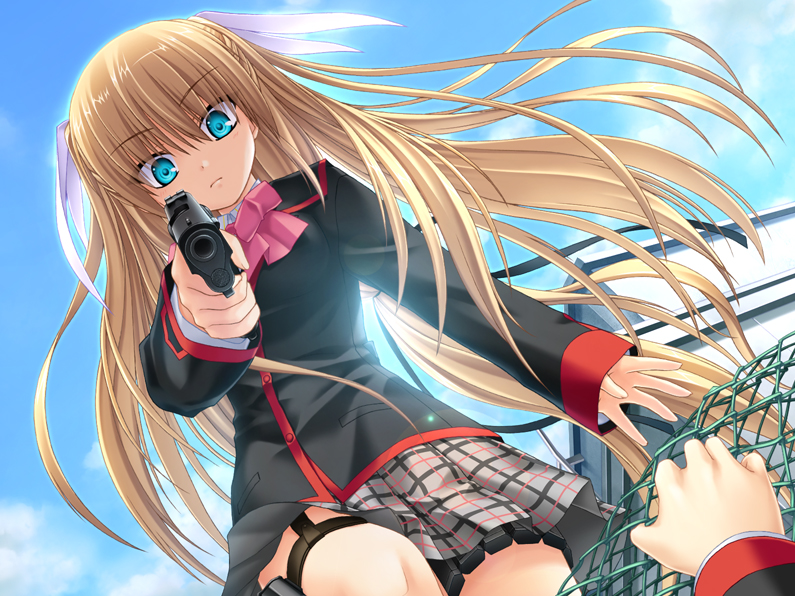 na-ga, tokido saya, little busters!, game cg, 1girl, aiming, aiming at viewer, aqua eyes, blonde hair, bow, gun, hair ribbon, handgun, holding, holding gun, holding weapon, long hair, m1911, pink bow, pistol, plaid clothes, plaid skirt, pov, ribbon, school uniform, skirt, solo focus, weapon