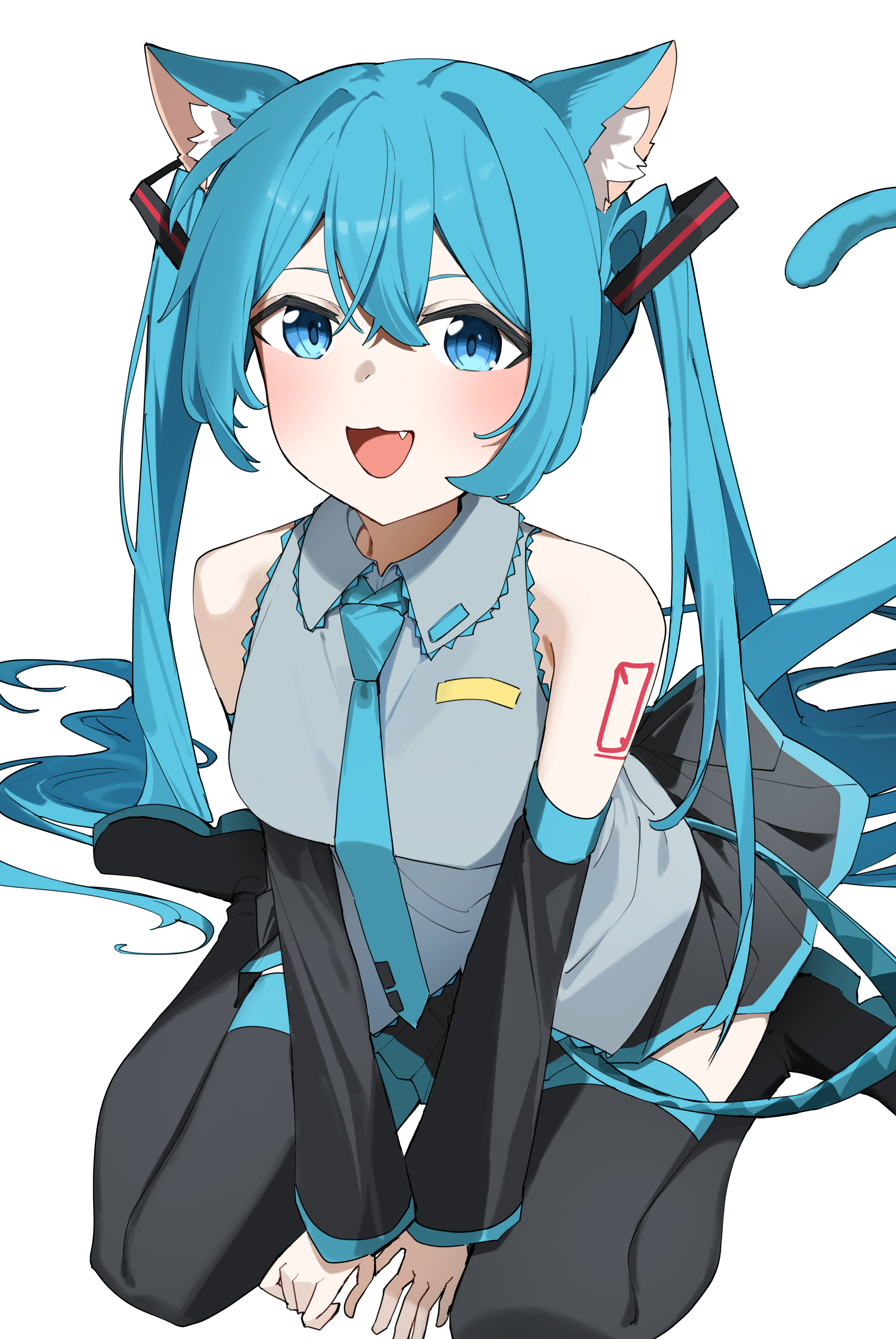 nun178089, hatsune miku, vocaloid, absurdres, commentary request, highres, 1girl, animal ear fluff, animal ears, aqua eyes, aqua hair, aqua trim, arm tattoo, bare shoulders, black skirt, black sleeves, blush, boots, cat ears, cat girl, cat tail, collared shirt, detached sleeves, grey shirt, hair between eyes, hair ornament, long hair, long sleeves, looking at viewer, miniskirt, number tattoo, open mouth, pleated skirt, shirt, simple background, sitting, skirt, sleeveless, sleeveless shirt, smile, solo, tail, tattoo, thigh boots, twintails, very long hair, wariza, white background, wide sleeves