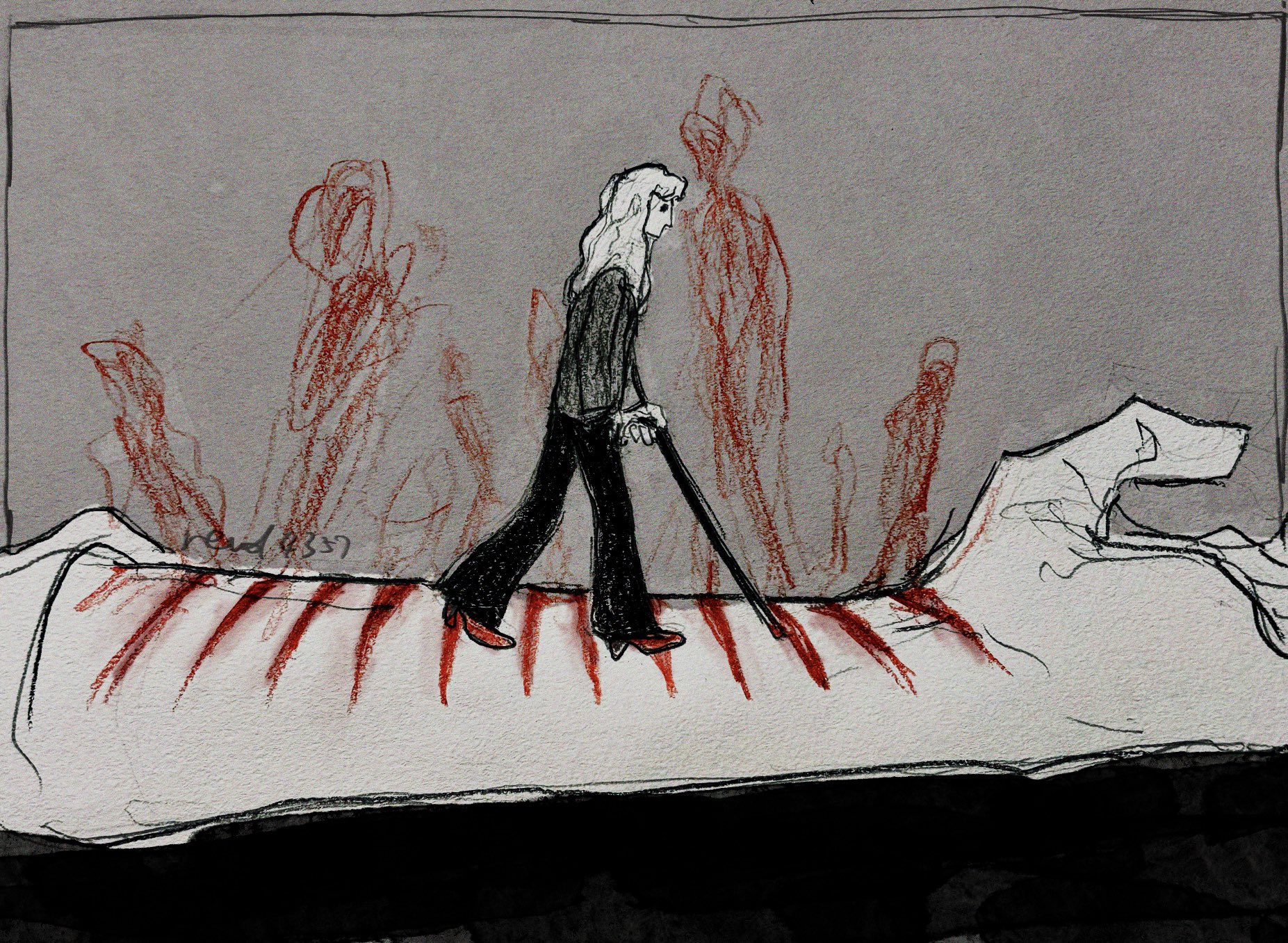 revol4357, original, highres, 1girl, 1other, cane, from side, hand in pocket, holding, holding cane, long hair, mini person, minigirl, outstretched arm, scar, scar on arm, size difference, walking, wrist cutting