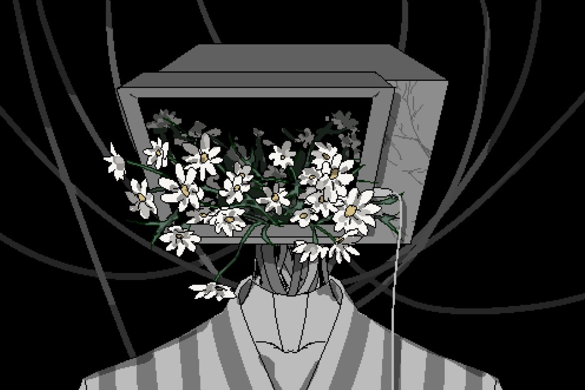 revol4357, original, 1other, cable, daisy (flower), facing viewer, flower, growing out of body, object head, portrait, shirt, solo, striped clothes, striped shirt, television, wire