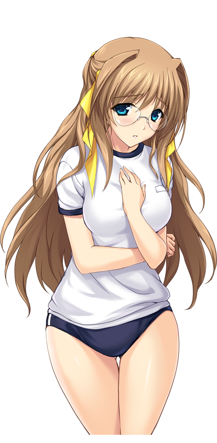 onigirikun, kouenji sayuka, choukou (alicesoft), choukou tenshi escalayer, game cg, large variant set, non-web source, official art, variant set, 1girl, black buruma, blue eyes, blush, breasts, brown hair, buruma, glasses, gym uniform, hair intakes, hair ribbon, long hair, looking at viewer, ribbon, rimless eyewear, solo, thigh gap, transparent background