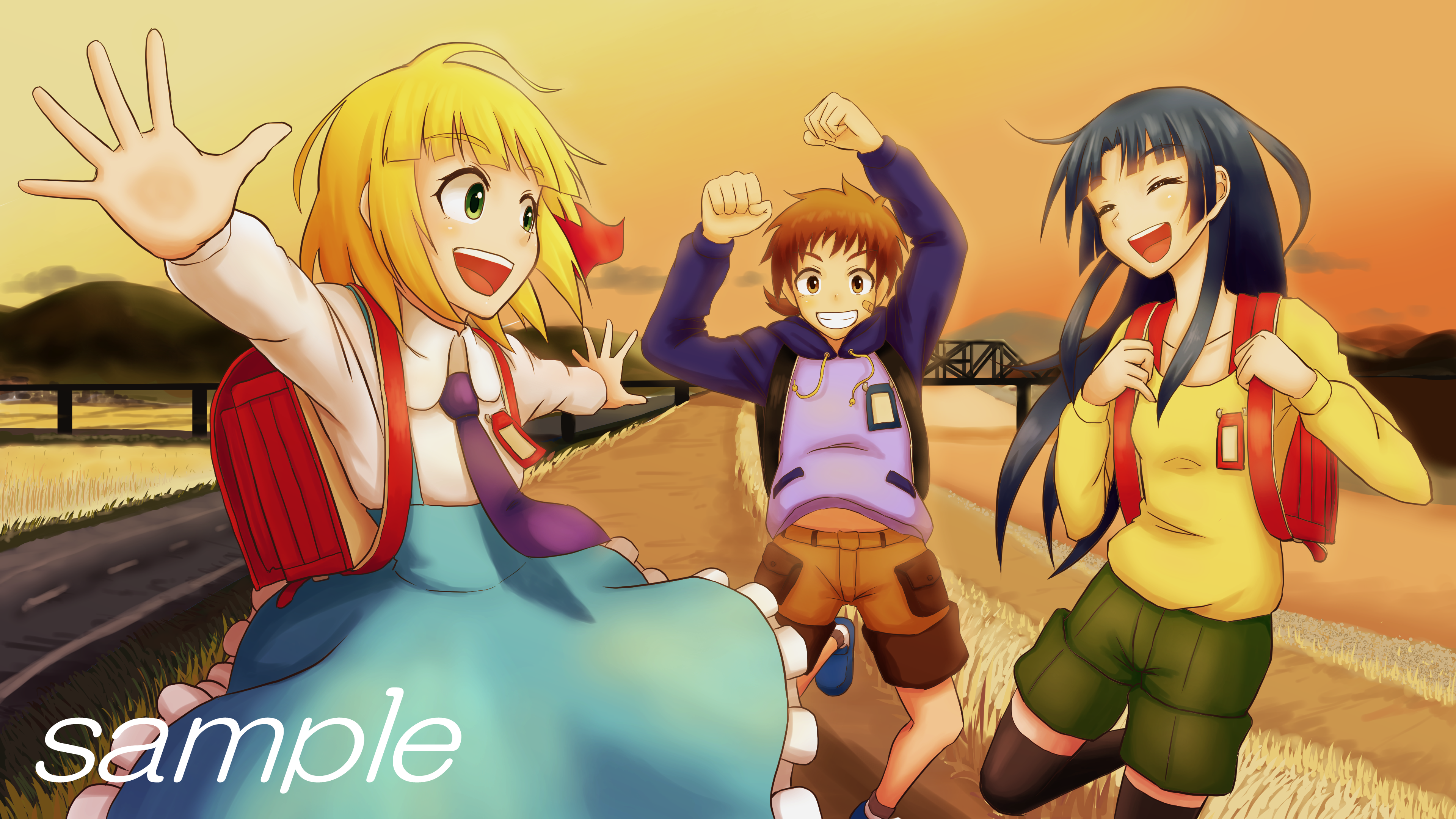 sakaki yukari, sumire (higanbana), higanbana no saku yoru ni, absurdres, commentary request, highres, 1boy, 2girls, backpack, bag, bandaid, blonde hair, blue hair, blue skirt, bow, bridge, brown hair, brown shorts, danjyo, frills, green shorts, hood, hoodie, multiple girls, name tag, necktie, outstretched arms, purple necktie, red bow, road, sample watermark, shorts, skirt, smile, sunset, watermark, wheat field, yoshikawa masaaki