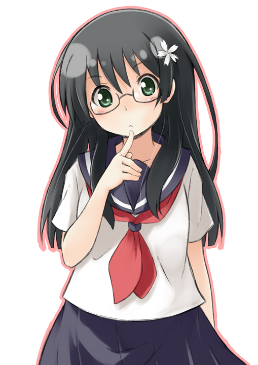 mukunoki nanatsu, nanatsu, saten ruiko, toaru kagaku no railgun, toaru majutsu no index, bad id, bad pixiv id, 1girl, bespectacled, black hair, female focus, flower, glasses, green eyes, hair flower, hair ornament, long hair, school uniform, serafuku, solo