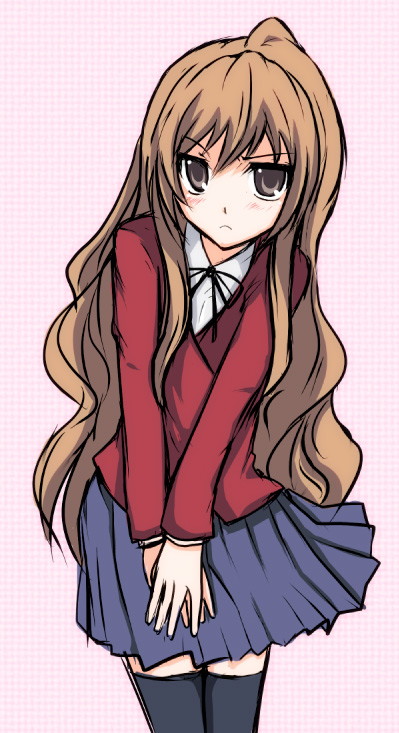 mizushima ai, aisaka taiga, toradora!, bad id, bad pixiv id, 1girl, brown eyes, brown hair, female focus, long hair, looking at viewer, school uniform, solo, thighhighs, zettai ryouiki