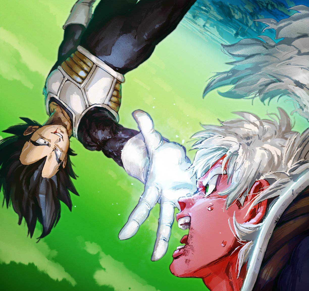 cha sushi, jeice, vegeta, dragon ball, dragonball z, commentary request, 2boys, armor, black bodysuit, bodysuit, colored skin, gloves, glowing, green eyes, green sky, long hair, male focus, medium hair, multiple boys, namek, open mouth, parted lips, red skin, saiyan armor, sky, smirk, spiked hair, upside-down, white armor, white gloves, white hair