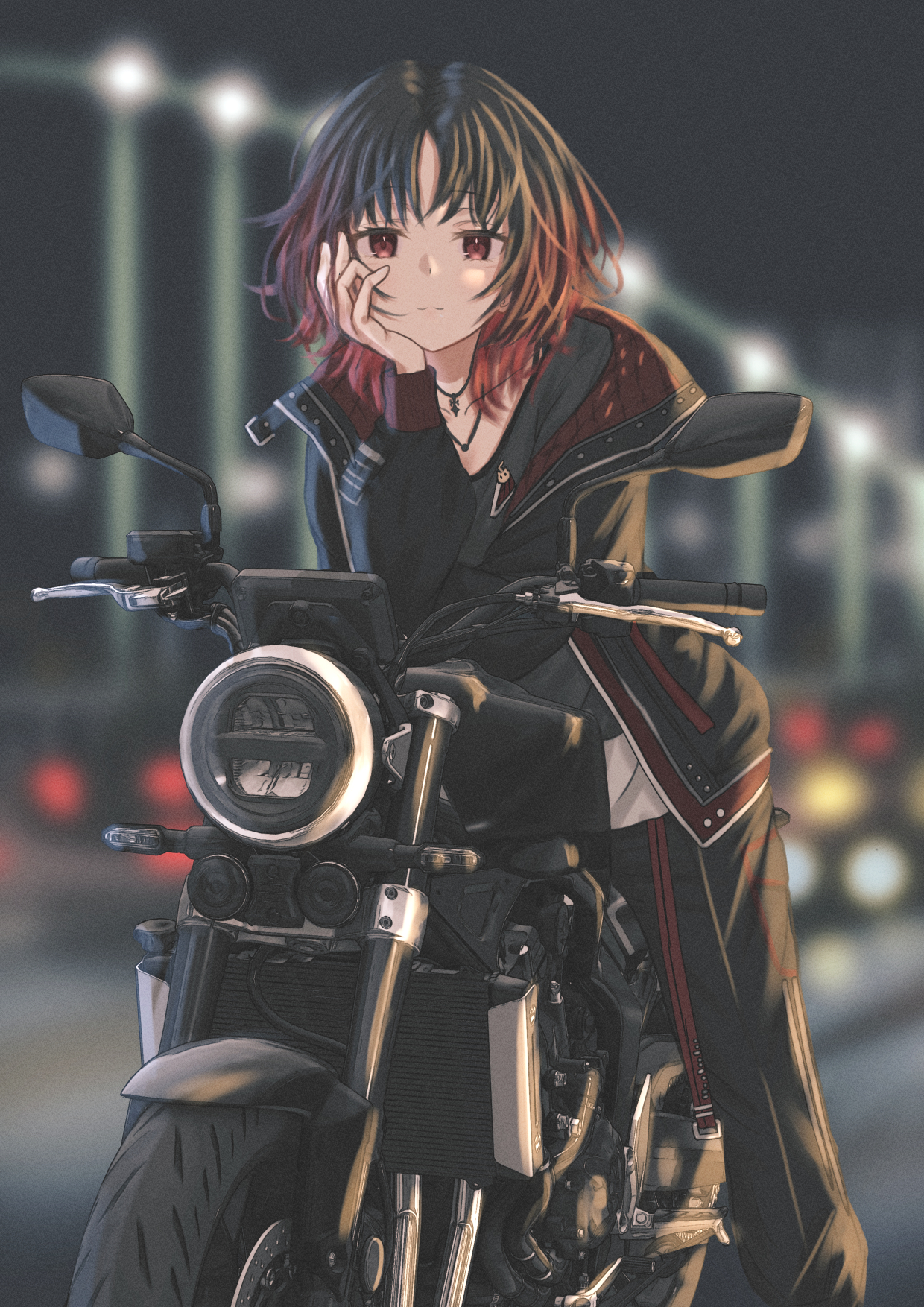 ono matabei, kisaragi ren (vspo!), vspo!, hashtag-only commentary, highres, 1girl, black hair, blurry, blurry background, depth of field, gradient hair, head rest, jacket, jewelry, looking at viewer, medium hair, motor vehicle, motorcycle, multicolored hair, necklace, on motorcycle, open clothes, open jacket, pants, red eyes, red hair, sitting, solo, virtual youtuber