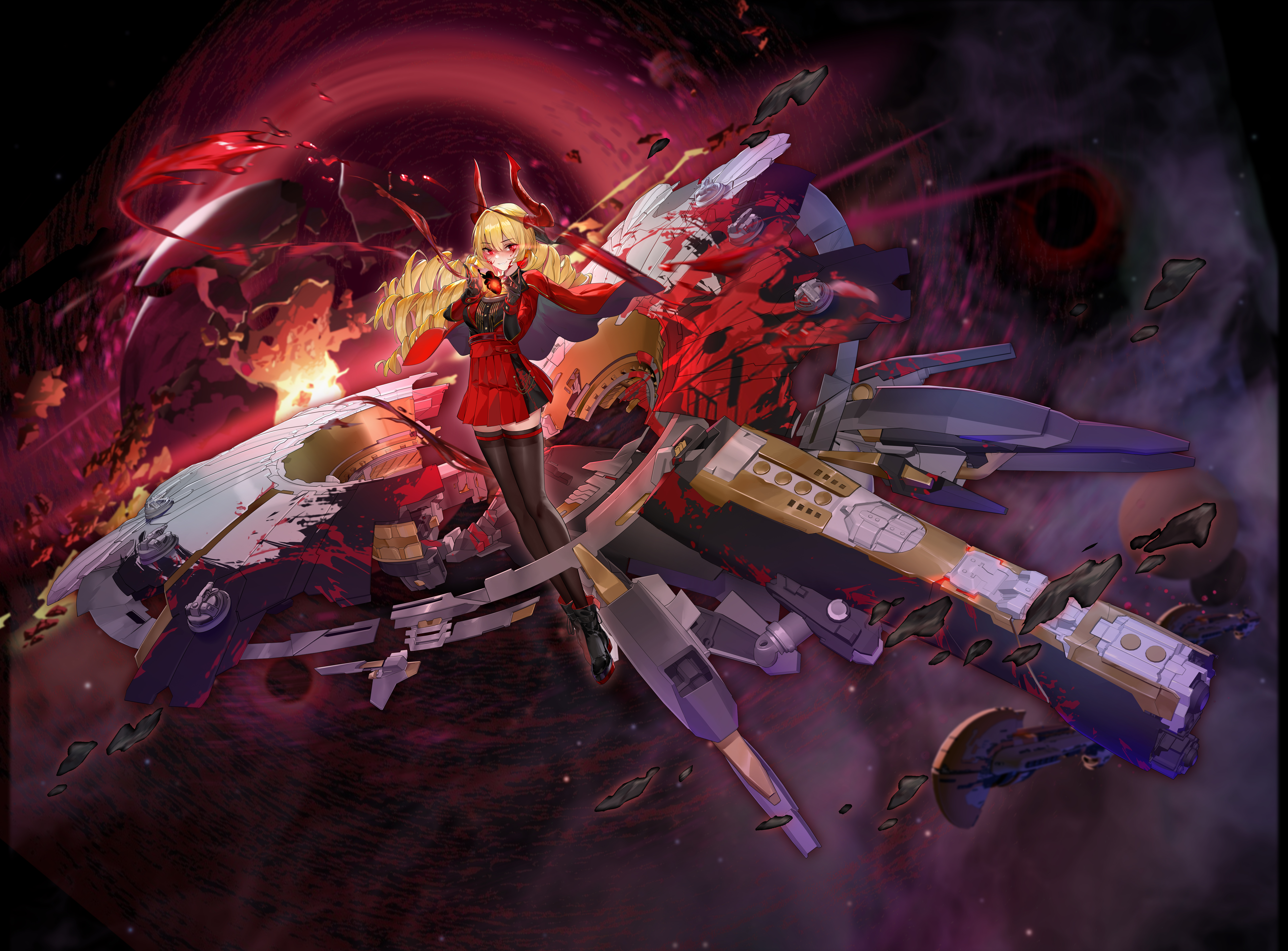 dodo1996, eve online, absurdres, chinese commentary, commentary request, highres, 1girl, black boots, black gloves, black thighhighs, blonde hair, blood, blood on face, boots, cape, dress, drill hair, gloves, glowing, glowing eyes, horns, long hair, looking at viewer, personification, pleated dress, quad drills, red cape, red dress, red eyes, red horns, solo, thighhighs, titan (eve online), very long hair, zettai ryouiki