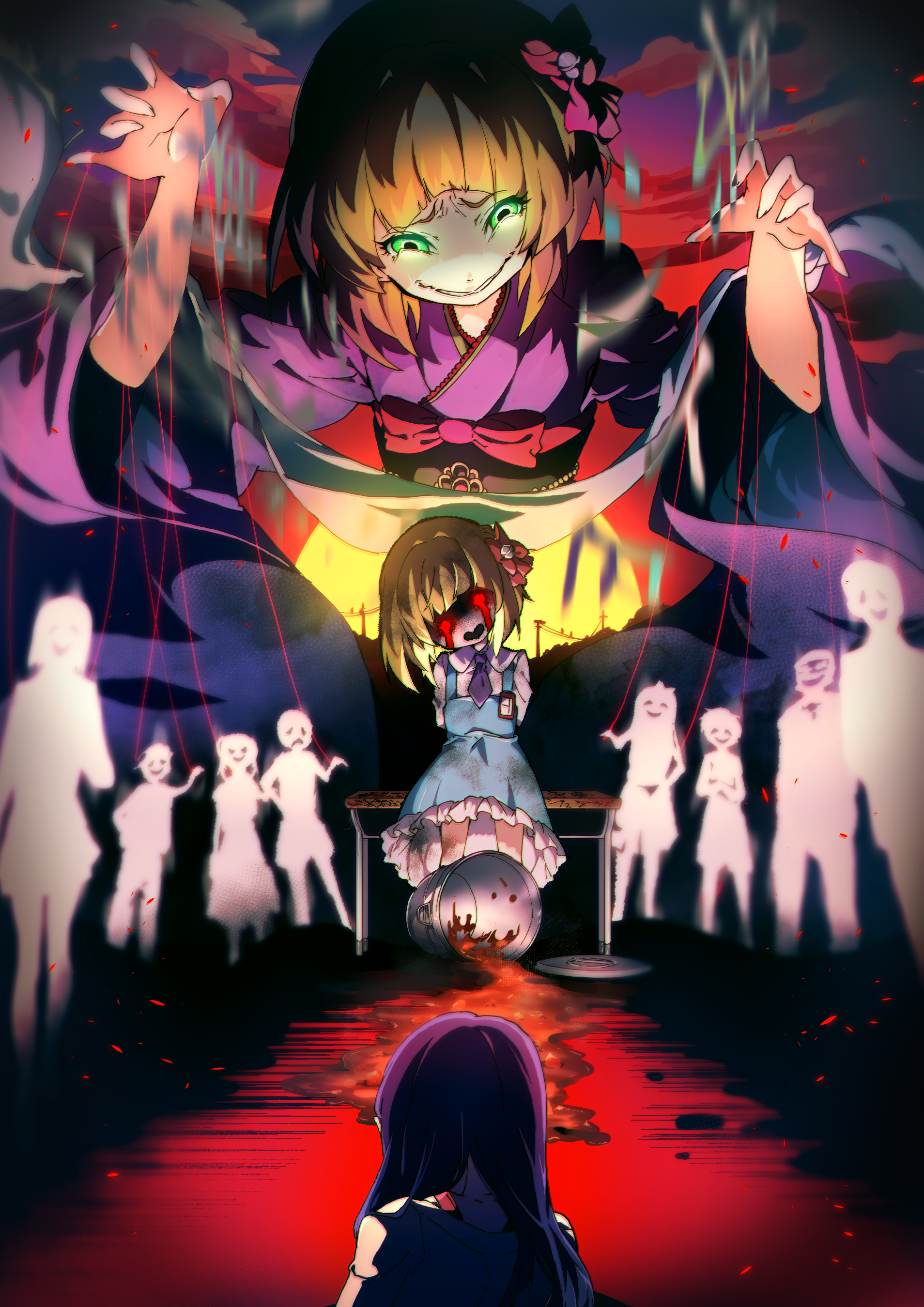 hinamikan, sakaki yukari, sumire (higanbana), higanbana no saku yoru ni, absurdres, commentary request, highres, 3girls, 6+others, bell, blonde hair, blue skirt, bow, cloud, cloudy sky, crying, curry, dual persona, food, green eyes, hill, japanese clothes, kimono, laughing, multiple girls, multiple others, name tag, necktie, puppet strings, puppeteering, purple kimono, purple necktie, red bow, skirt, sky, smile, spill, string, sun, sunset, wide sleeves, yukata