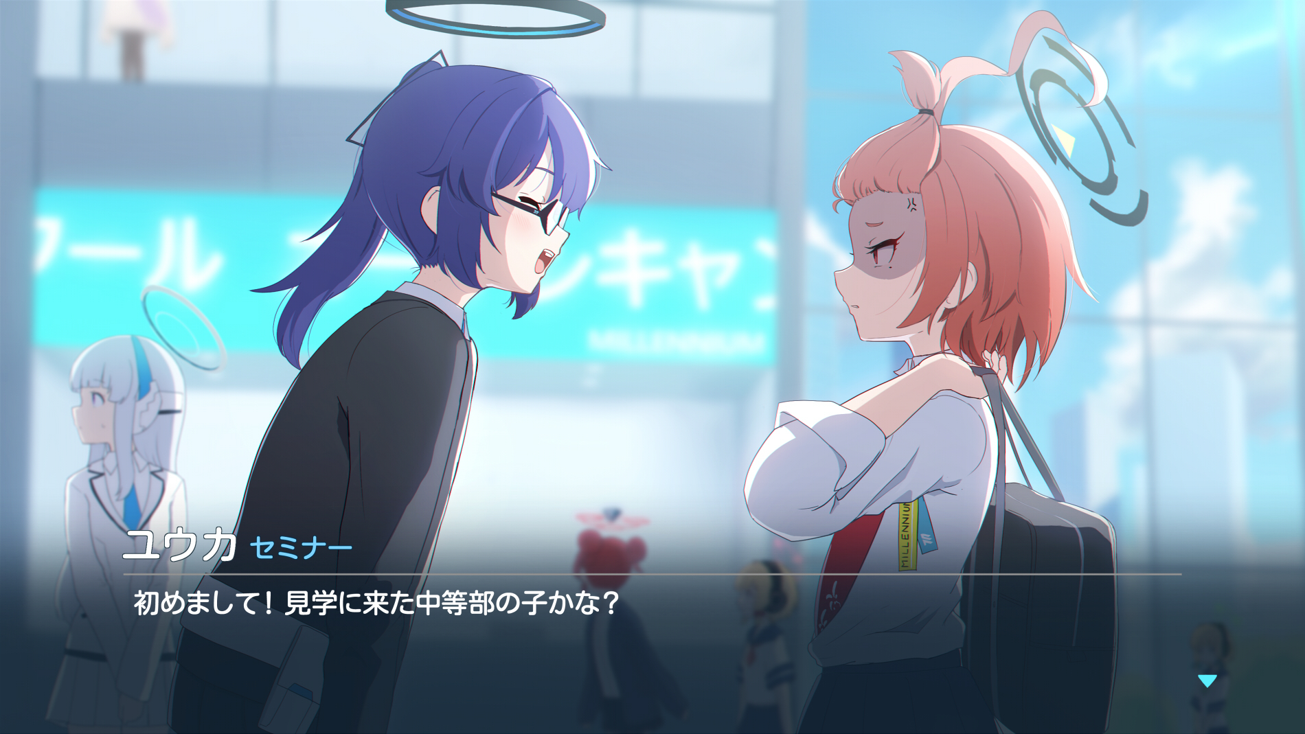 hamachikichiki, maki (blue archive), midori (blue archive), momoi (blue archive), neru (blue archive), noa (blue archive), yuuka (blue archive), blue archive, commentary, highres, translated, 6+girls, :d, ^ ^, aged down, ahoge, alternate costume, alternate hairstyle, anger vein, angry, bag, belt, bespectacled, black-framed eyewear, black halo, black suit, blonde hair, blue necktie, blue sailor collar, blue sky, blurry, blurry background, carrying over shoulder, character name, closed eyes, cowboy shot, day, double bun, facing another, fake screenshot, forehead, formal clothes, from side, glasses, green halo, hair bun, hair slicked back, halo, hand up, headgear, headphones, height conscious, huge ahoge, id card, leaning forward, long sleeves, looking at another, mechanical halo, millennium science school logo, miniskirt, mole, mole under eye, multiple girls, necktie, open mouth, orange hair, outdoors, parted lips, pink halo, pleated skirt, profile, red eyes, red halo, sailor collar, school uniform, serafuku, shaded face, shirt, short hair, shoulder bag, siblings, side ponytail, sisters, skirt, sky, sleeves rolled up, smile, subtitled, suit, sweatdrop, teeth, twins, upper teeth only, white belt, white halo, white shirt, white skirt, white suit